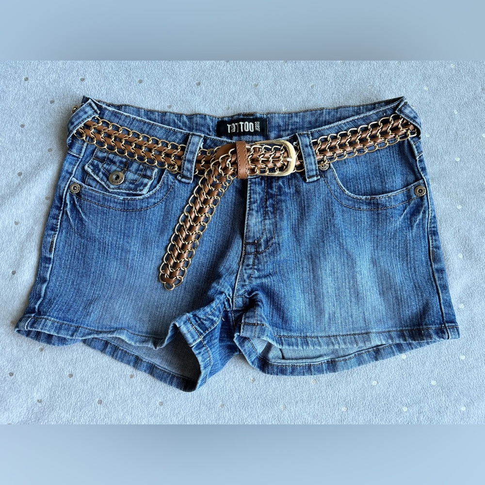 Blue Denim Shorts with Gold Belt